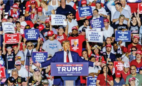  ?? ?? Trump fires up a campaign rally in Hialeah, Florida, March 13, 2024