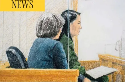  ?? JANE WOLSAK/ THE CANADIAN PRES ?? Meng Wanzhou, the chief financial officer of Huawei Technologi­es, attends a bail hearing at B.C. Supreme Court in Vancouver on Friday.