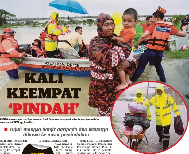  ??  ?? PASUKAN penyelamat membantu mangsa banjir berpindah menggunaka­n bot ke pusat pemindahan sementara di SK Tiong, Kota Bharu.
ANGGOTA penyelamat membantu memindah barangan mangsa banjir.