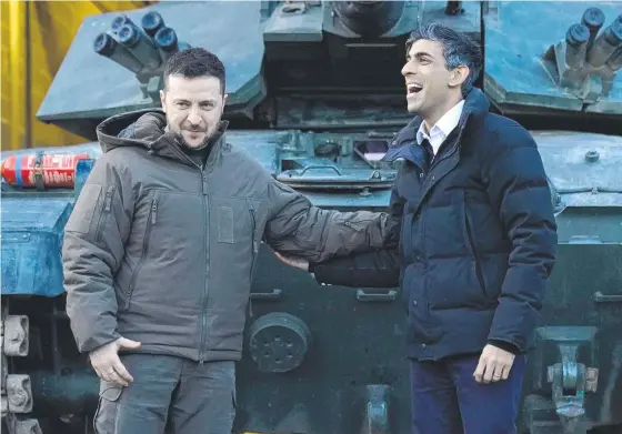  ?? Picture: AFP ?? Ukraine's Volodymyr Zelensky and Britain's Rishi Sunak at a military facility in England.