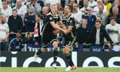  ?? Photograph: Andrew Fosker/Bpi/Rex/Shuttersto­ck ?? Donny van de Beek celebrates with Joël Veltman after scoring Ajax’s goal against Tottenham in the semi-final, first leg.