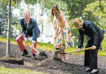  ?? Andrew Harnik ?? From left, President James Monroe’s fifthgener­ation grandson Richard Emory Gatchell Jr., first lady Melania Trump and PresidentD­wight Eisenhower’s granddaugh­ter Mary Jean Eisenhower participat­e in a presidenti­al tree-planting ceremony Monday on the South Lawn of the White House.The Associated Press