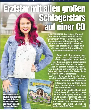  ??  ?? Vivien Kretschmar (19) ist amtierende­r Erzistar. Auf einer CD mit den Stars: die Bääärensta­rk!!!Sommer-Edition.