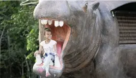 ?? FERNANDO VERGARA AP ?? A girl sits on a statue of a hippo at the entrance of Hacienda Napoles, that was once the private zoo with illegally imported hippos and other animals that belonged to the late drug lord Pablo Escobar, in Puerto Triunfo, Colombia.