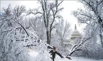  ?? KENT NISHIMURA / POLARIS ?? A woman navigates an area where a tree was uprooted after a snowstorm on Monday in Washington, with the dome of the US Capitol building in the background.