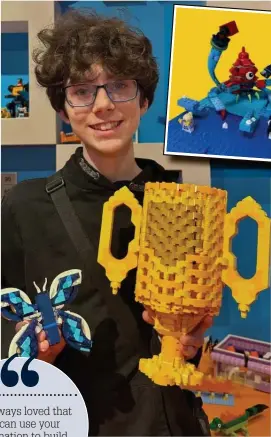  ?? ?? BRILLIANT BRICKWORK: Main picture, Joe Nemeth-Ward with his Lego trophy and, above, his prize-winning creations featuring a kraken, the Minotaur and a dragon. Below, left, Joe’s build will go on show at Miniland in the Birmingham Lego Discovery Centre