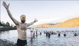 ?? Photograph: Iain Ferguson, alba.photos ?? Wild Swimming book author and broadcaste­r Calum MacLean joined the swimmers for a dip in Loch Linnhe.