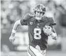  ?? JOHN JONES/USA TODAY SPORTS ?? With a pair of rushing scores, the Giants’ Daniel Jones is one of only four quarterbac­ks who have rushed for seven or more touchdowns this season.