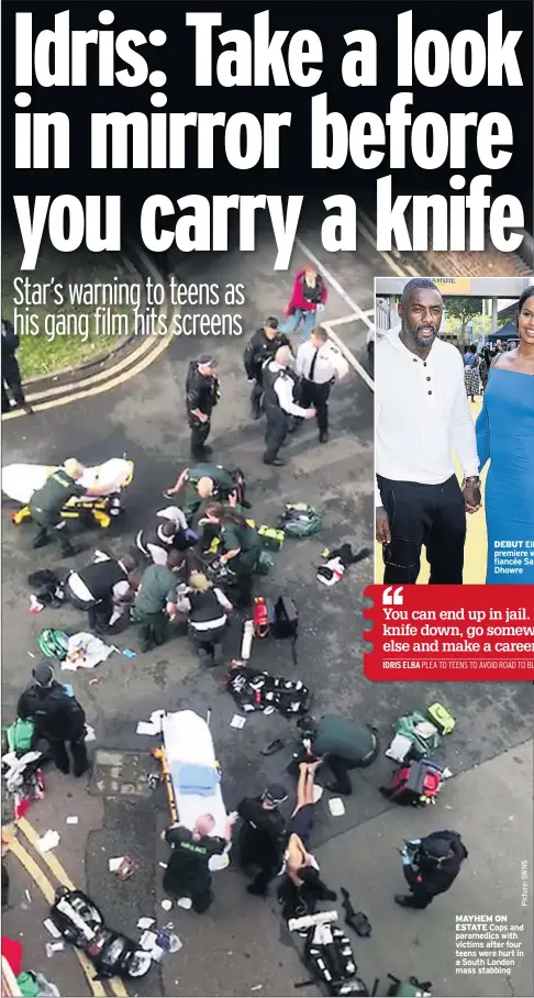  ??  ?? MAYHEM ON ESTATE Cops and paramedics with victims after four teens were hurt in a South London mass stabbing