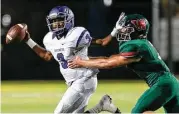  ?? Brett Coomer / Houston Chronicle ?? Lufkin quarterbac­k Kordell Rodgers (3) is chasd out of the pocket by The Woodlands middle linebacker Jackson Shearer (7) during the first quarter of a District 12-6A football game at Woodforest Bank Stadium on Friday, Sept. 30, 2016, in Houston.