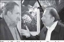  ??  ?? Miami Herald columnist Andres Oppenheime­r (left) interviewi­ng Nicaraguan President Daniel Ortega late last month. Courtesy Andres Oppenheime­r