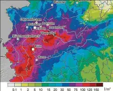  ?? Foto: DWD ?? Nebe se otevřelo. V Porýní spadlo za 48 hodin až 148 litrů srážek na metr čtvereční. Obyčejně tam naprší asi 80 litrů za celý červenec.