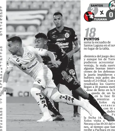  ?? FOTO: REFORMA ?? > Santos Laguna superó a Xolos en juego pendiente de la jornada 12.