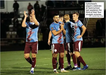  ?? PIC: DAVID NELSON ?? Gateshead’s players celebrate at Spennymoor last weekend, the third of their four straight victories