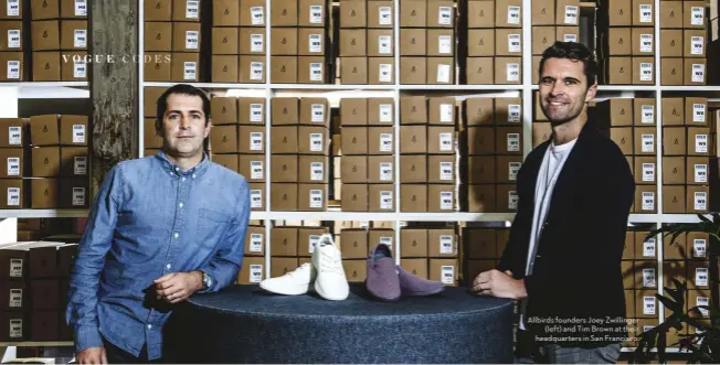  ??  ?? Allbirds founders Joey Zwillinger (left) and Tim Brown at their headquarte­rs in San Francisco.