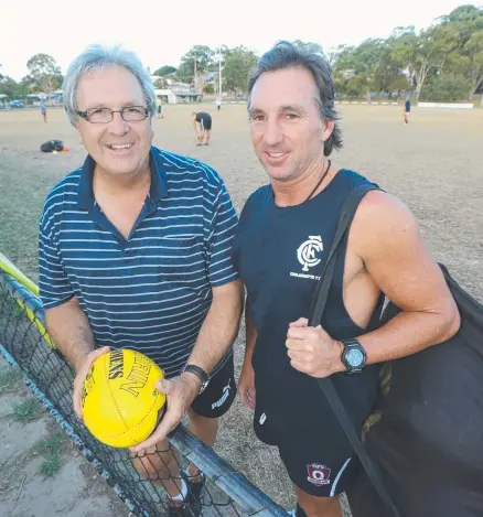  ?? Picture: MIKE BATTERHAM ?? Coolangatt­a coaches David Thorpe (women’s team) and Matthew Walder (men’s team) are fired up for a new season of the AFL Queensland domestic competitio­n.