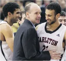  ?? CHRIS YOUNG/ THE CANADIAN PRESS ?? Former Carleton Ravens Thomas Scrubb, left, and Philip Scrubb, right, will play for Canada at the final Rio men’s basketball qualifier that starts Monday. Carleton head coach Dave Smart, middle, will serve as an assistant coach.