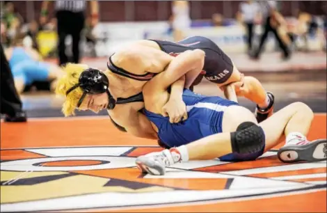  ?? NATE HECKENBERG­ER - FOR DIGITAL FIRST MEDIA ?? Boyertown’s Jakob Campbell pins Exeter’s Brandon Borton during their bout at 126 on February 9 at the PIAA Team Wrestling Championsh­ips in Hershey.