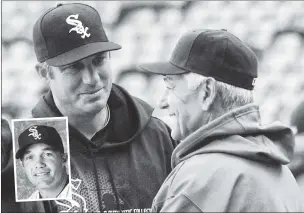  ?? AP ?? VALENTINE’S SAY: Robin Ventura chats with Bobby Valentine before a game in 2012. Valentine managed Ventura and Joe McEwing (inset) during his days with the Mets and would like to see one of them succeed Terry Collins.