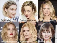  ??  ?? Gigi Hadid Jennifer Lawrence
Rachel McAdams Kate Mara
Khloé Kardashian Karlie Kloss Love the lob but can’t commit to the cut? Fake it like Gigi Hadid and Rachel McAdams (above).