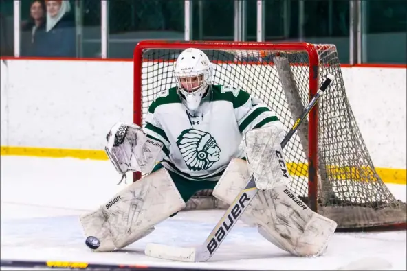  ?? JAMES THOMAS PHOTO ?? Billerica goaltender Liam Gagne gets ready to make a save Wednesday night during a 6-4boys hockey win over visiting Shrewsbury.