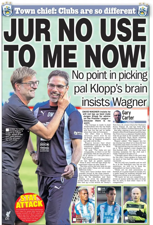  ??  ?? ■ GOING TO TOWN: David Wagner is hugged by Jurgen Klopp ahead of last year’s pre-season friendly between the two clubs