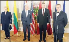  ??  ?? (Left to right): Lithuanian President Dalia Grybauskai­te, US Vice-President Joe Biden, Latvian President Raimonds Vejonis and President of Estonia Toomas Hendrik Ilves are pictured during a joint press conference after the their meeting in Riga on Aug...