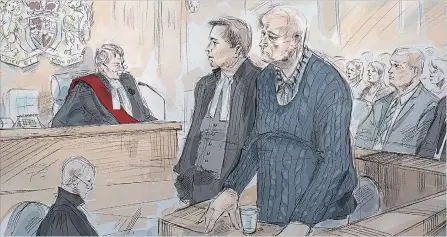  ?? ALEXANDRA NEWBOULD THE CANADIAN PRESS ?? Justice John McMahon, left, defence lawyer James Miglin, Bruce McArthur and lead investigat­or police Insp. Hank Idsinga are shown during McArthur’s sentencing in Toronto Friday. McArthur, who murdered eight men, won’t be able to apply for parole for 25 years.