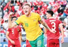  ?? — AFP photo ?? Australia’s defender Souttar celebrates scoring his team’s fourth goal during the Qatar AFC Asian Cup match against Indonesia at the Jassim bin Hamad Stadium in Doha.