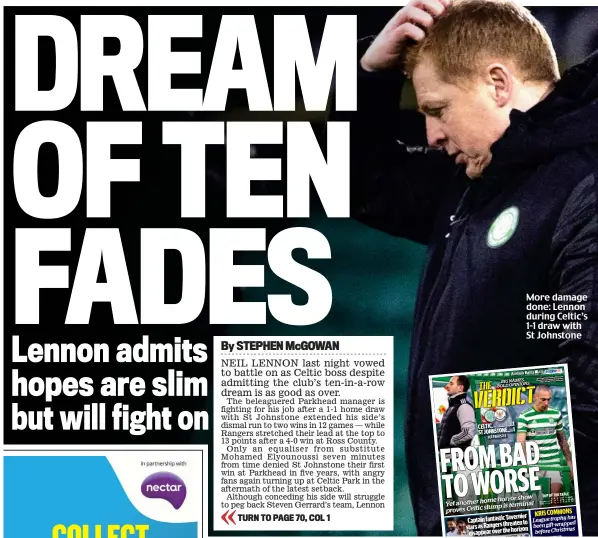  ??  ?? More damage done: Lennon during Celtic’s 1-1 draw with St Johnstone
