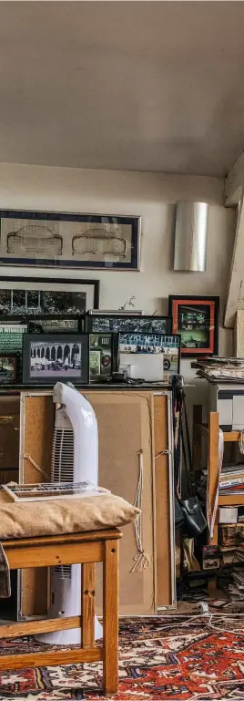  ??  ?? Right: Stevens at work in his home studio; some of his own designs share wallspace with the machines he loves, classic hot-rods prominent among them