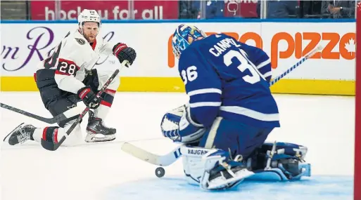  ?? EVAN BUHLER THE CANADIAN PRESS ?? Maple Leafs goaltender Jack Campbell makes a save on a shot by Senators forward Connor Brown at Scotiabank Arena on Saturday night.