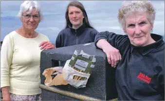  ??  ?? Pat Knight, Orla Sedgwick and Jess Hill with one of Ellenabeic­h’s overflowin­g public bins, which they have been emptying themselves.