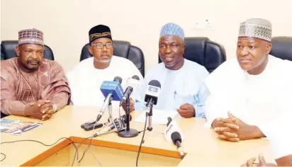  ?? Photo: Speaker’s Media Office ?? From right: Speaker, House of Representa­tives, Yakubu Dogara; Bauchi State PDP Chairman, Alh. Hamza Akuyam; Bauchi State PDP Gubernator­ial Candidate, Bala Mohammed and Sen. Abdul Ahmed Ningi, during a press conference in Bauchi yesterday over the inconclusi­ve declaratio­n of the state governorsh­ip election by INEC