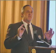  ?? The Sentinel-Record/Grace Brown ?? ROTARY: State Rep. Les Warren, R-District 25, addresses Hot Springs National Park Rotary Club on Wednesday at the Arlington Resort Hotel &amp; Spa to promote an expansion being sought by Mid-America Science Museum.