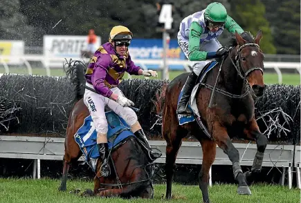  ?? PHOTO:GETTY IMAGES ?? Seak King took a tumble at the second-last fence of the Australian Grand National Steeplecha­se on Sunday won by Wells (right) ridden by Richard Cully.