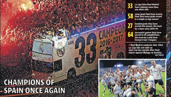  ??  ?? Real Madrid celebrate their 33rd La Liga title win with an opentop bus parade after their match against Malaga on Sunday.