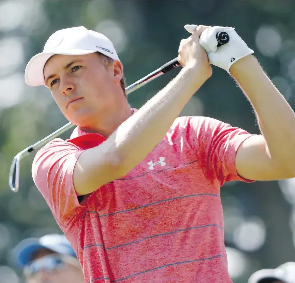  ?? — GETTY IMAGES ?? Jordan Spieth plays a shot during a practice round on Wednesday ahead of the Bridgeston­e Invitation­al at Firestone Country Club in Akron, Ohio. The 24-year-old phenom will be competing for his third straight tournament victory.