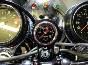  ??  ?? Left: Many Trident riders are fans of oil pressure gauges. Others see them mainly as another thing to worry about