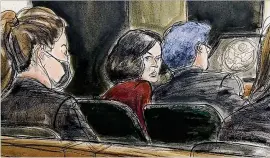  ?? ELIZABETH WILLIAMS/AP ?? In this courtroom sketch, Ghislaine Maxwell (center) confers with defense attorney Jeffrey Pagliuca during her trial in New York. The British socialite was convicted of helping millionair­e Jeffrey Epstein sexually abuse underage girls.