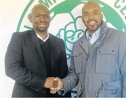  ?? /SUPPLIED ?? Steve Komphela receives a warm welcome handshake from Celtic CEO Khumbulani Konco yesterday.