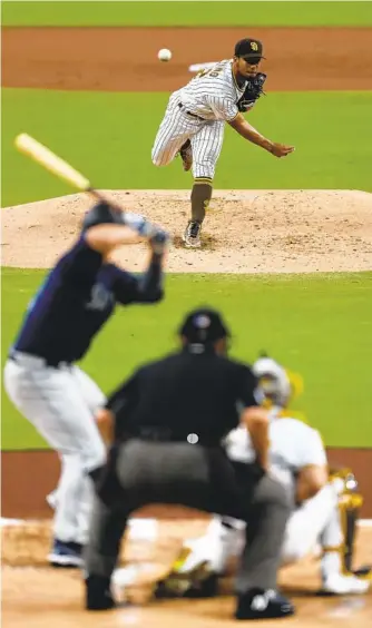  ?? K.C. ALFRED U-T ?? Padres right-hander Luis Patiño started Saturday night in place of Mike Clevinger, who was scratched.