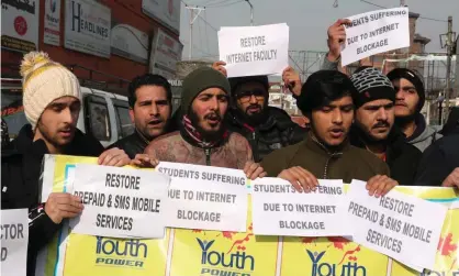  ??  ?? A protest in Srinagar over the internet service blockade in Kashmir. Photograph: Farooq Khan/EPA