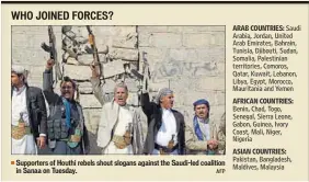  ?? AFP ?? Supporters of Houthi rebels shout slogans against the Saudi-led coalition in Sanaa on Tuesday.