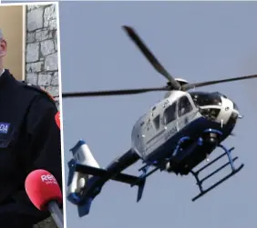  ??  ?? Shock: Supt Liam Geraghty speaks to media, and, above, a Garda helicopter near Kilacluig