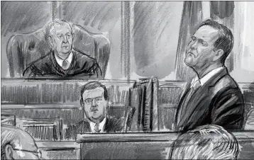  ?? ASSOCIATED PRESS ?? THIS COURTROOM SKETCH DEPICTS RICK GATES on the witness stand as he is cross examined by defense lawyer Kevin Downing during the trial of former Donald Trump campaign chairman Paul Manafort on bank fraud and tax evasion at federal court in Alexandria, Va., Tuesday.