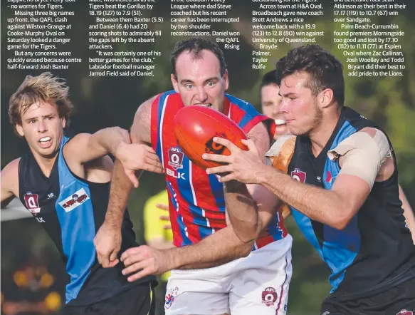  ??  ?? ATTACKING PROWESS: Labrador’s Matt Daniel (right) tries to slip past James McMahon (centre) of Wilston-Grange during the team’s Saturday clash.
Picture: REGI VARGHESE