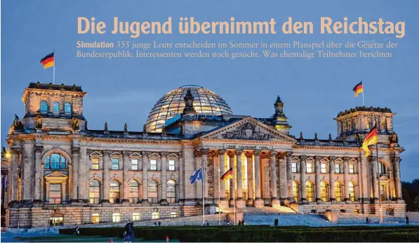  ?? Fotos: Britta Pedersen/dpa, Bernhard Weizenegge­r ?? Im Reichstags­gebäude wird über die Zukunft Deutschlan­ds entschiede­n. Bald übernehmen diese Aufgabe mehr als 300 Jugendlich­e im Alter von 17 bis 20 Jahre – zumindest in der Simulation. Wie im echten Bundestag sind die Teilnehmer Fraktionen zugeordnet,...