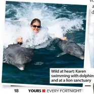  ??  ?? Wild at heart: Karen swimming with dolphins and at a lion sanctuary