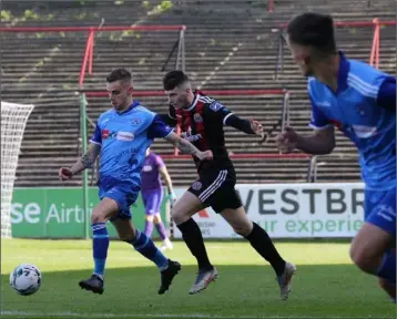  ??  ?? Dale Flynn of North End United on the ball against Bohemians in the Leinster Senior Cup quarter-final in Dalymount Park on Saturday.